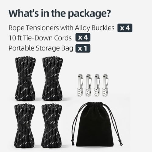 4 Pack Adjustable Rope Tensioner Set with Alloy Buckles and Storage Bag, Tie Down Ropes for Tent, Tarp, Hammock, Clothesline, Luggage & Outdoor Use (Black) - Image 2