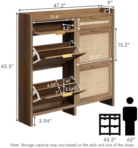 HOKYHOKY Large Rattan Shoe Storage Cabinet with 4 Flip Drawers & 2 Storages - Image 2
