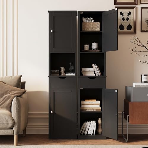 Shintenchi Tall Bathroom Storage Cabinet, Slim Corner Floor Cabinet with Doors and Drawer, Freestanding Narrow Bathroom Organizer with Adjustable Shelves for Small Space, Black - Image 7