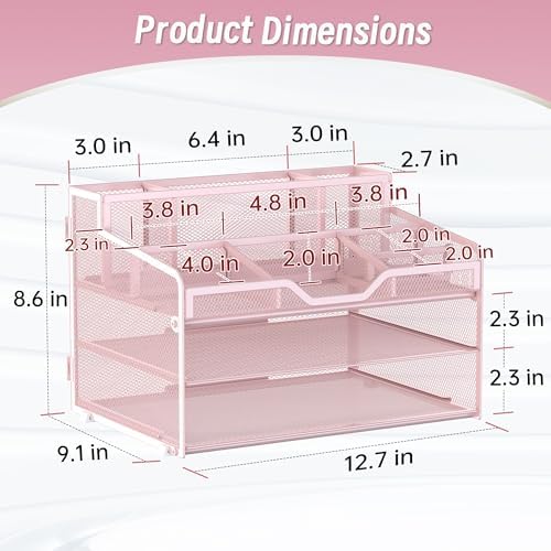 3 Tier Mesh Paper Desk Organizer with Pen Holders, Pink - Image 2