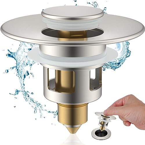 Hibbent All Metal Universal Bathroom Sink Stopper for 1.1''~2.3'' Basin, Pop Up Sink Drain Strainer, Brass Bullet Core Push Type Stopper, Stainless Steel Anti Clogging Drain Filter, Brushed Nickel by Hibbent