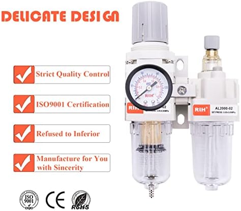 RIH 1/4" NPT Compressed Air Filter Regulator Lubricator Combo Water/Oil Trap Separator - Gauge(0-150 psi), Semi-Auto Drain, Poly Bowl,Bracket - 3 in 1 Two Unit (1/4" NPT) - Image 6