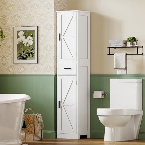 TEENFON 67 Tall Bathroom Cabinet with 6 Shelves & 1 Drawer, Narrow Storage Cabinet with Adjustable Shelves, Silm Cabinet for Living Room, Kitchen, White - Image 2