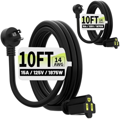 Vockjour 10 FT 2 Pack 14 Gauge Low Profile Flat Plug Extension Cord Black by Vockjour