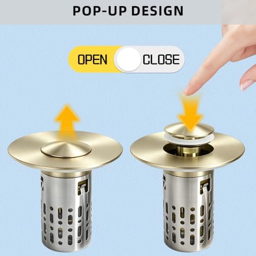 3 in 1 Bathroom Sink Drain Strainer, Universal Pop Up Bathroom Sink Stopper with Removable Hair Catcher Anti-Clog Filter Basket Brass & Stainless Steel Champagne Gold 2 PCS - Image 2