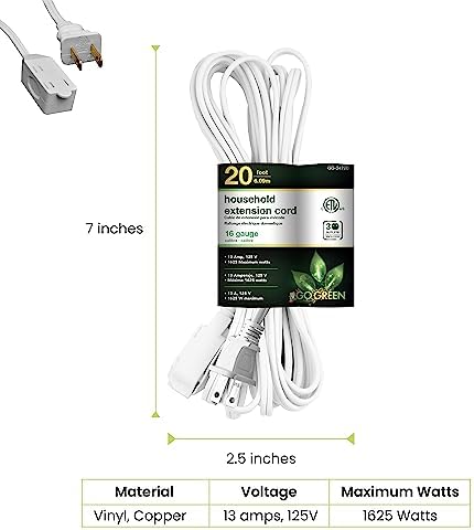 Go Green Power Inc. 20ft Household Extension Cord, White, 3 Outlets, 16/2, Indoor Use Only - Safe, Reliable, and Child-Safe Covers - Ideal for Everyday Electronics - Image 2