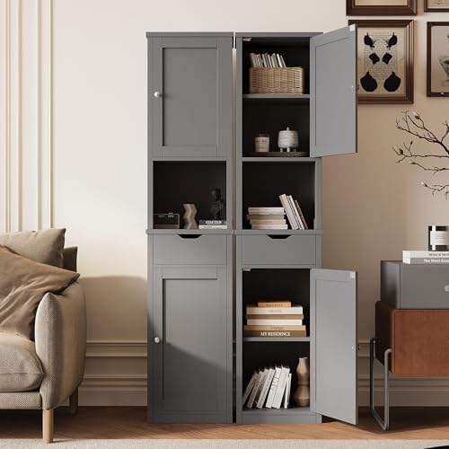 Shintenchi Tall Bathroom Storage Cabinet, Slim Corner Floor Cabinet with Doors and Drawer, Freestanding Narrow Bathroom Organizer with Adjustable Shelves for Small Space, Gray - Image 7