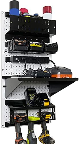 Wall Control Power Tool Storage Organizer Kit Cordless Drill Holder Charging Station Rack 16” x 32” Metal Pegboard Organization System (White Pegboard) by Wall+Control