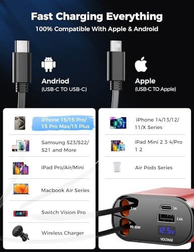 [Upgraded] SUPERONE Retractable Car Charger 4 in 1 Fast Car Phone Charger - Image 4