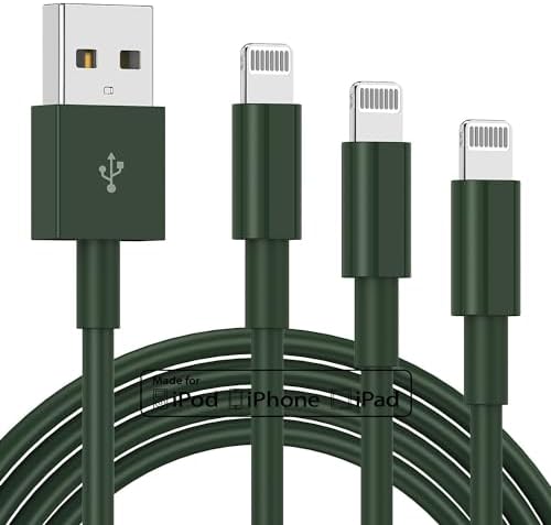 3 Pack Apple MFi Certified Charger Cable 6Ft, Lightning to USB Cable Cord 6 Foot, 2.4A Fast Charging,Apple Phone 6 Feet Long Chargers for iPhone 14/13/12/11/X/XS/XR/SE/8/7/6/5 Plus Pro Max Mini Olive by TUMABER