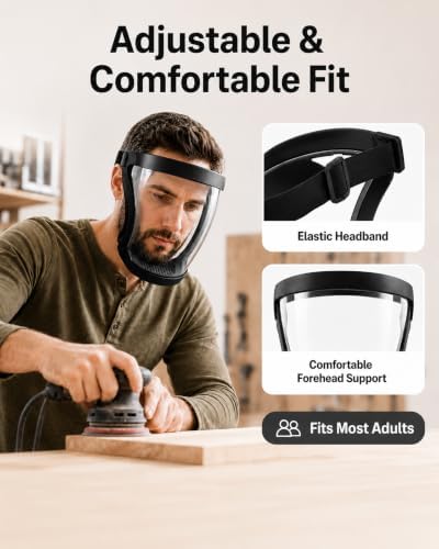 2 Pack Plastic Face Shield, Full Safety Face Protection Equipment with for Unisex and Adult, Reusable No Fogging Transparent Face Shield with Adjustable band, High-Definition Black - Image 4