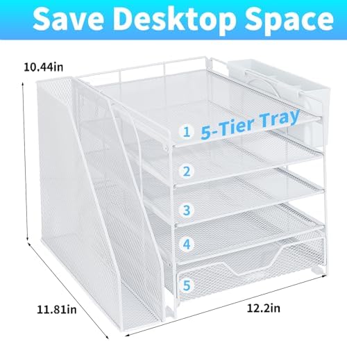 5-Tier Desk File Organizer with Drawer & Pen Holder (White) - Image 2
