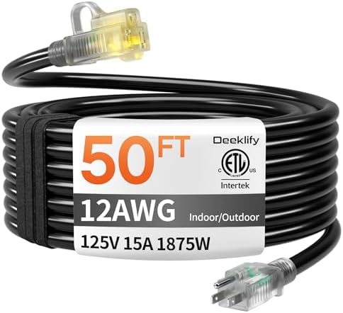 12 Gauge 50 FT Heavy Duty Outdoor Extension Cord Waterproof Black by Deeklify