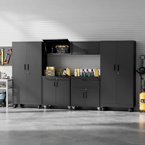 6-Piece Garage Storage Cabinets System Heavy Duty Workshop Set Includes Wall-Mounted and Rolling Cart Metal Tool Organization System for Garage Workshop - Image 6