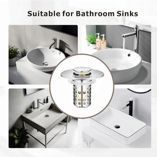 Universal Pop-Up Bathroom Sink Stopper, Stainless Steel Drain Strainer with Removable Filter Basket for 1.1"-2.36" Basin, Push-to-Bounce Core, Bathroom Sink Plug, Hair Catcher, 2 Pack - Image 6