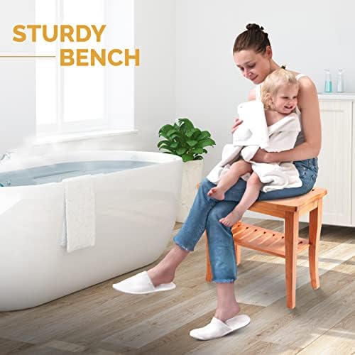 Bamboo Shower Bench, Shower Stool Seat with Storage Shelf, Non Slip Feet - Image 6