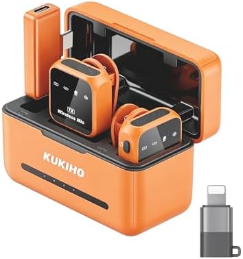 KUKIHO Wireless Lavalier Microphone for iPhone iPad Android with Charging Case 80h Battery Life, Noise Cancellation, 164ft Range Plug-Play Clip On Lapel Mic for YouTube, Video Recording, Vlog (Orange by KUKIHO