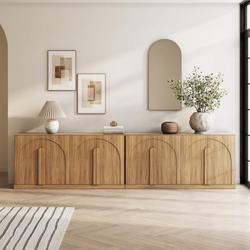 BELLEZE Set of 2 Bijou 64" Modern Buffet Sideboard, Mid-Century Arch Carved Wood Door Cabinet, Textured Storage Console for Living Room, Kitchen, Entryway - Camel by BELLEZE