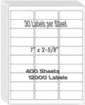 1" x 2-5/8" Shipping Address Labels for Laser/Inkjet Printer 30 per Page Printable Mailing Labels - Matte, 400 Sheets=12000 Labels by Unknown