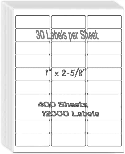 1" x 2-5/8" Shipping Address Labels for Laser/Inkjet Printer 30 per Page Printable Mailing Labels - Matte, 400 Sheets=12000 Labels by Unknown