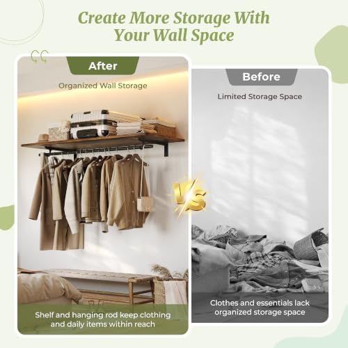 IAE Wall Mounted Clothes Rack with Shelf and Hanging Rod, 48x24in,Rustic - Image 3