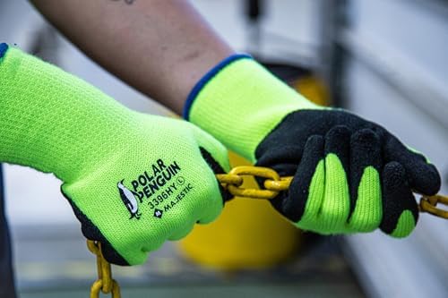 Majestic Polar Penguin Winter Lined Napped Terry Glove with Foam Latex Dipped Palm | 1 Dozen - MED | ANSI A2, Heavyweight Glove, Hiviz Yellow/Black | Automotive, Industrial, Manufacturing | 3396HY - Image 6