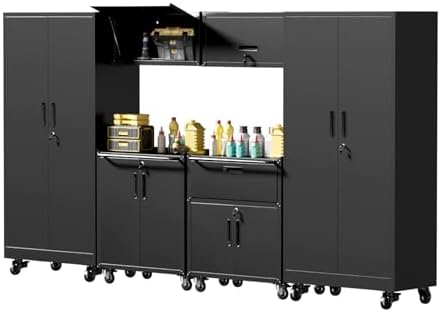 6-Piece Garage Storage Cabinets System Heavy Duty Workshop Set Includes Wall-Mounted and Rolling Cart Metal Tool Organization System for Garage Workshop by FLIXELIO