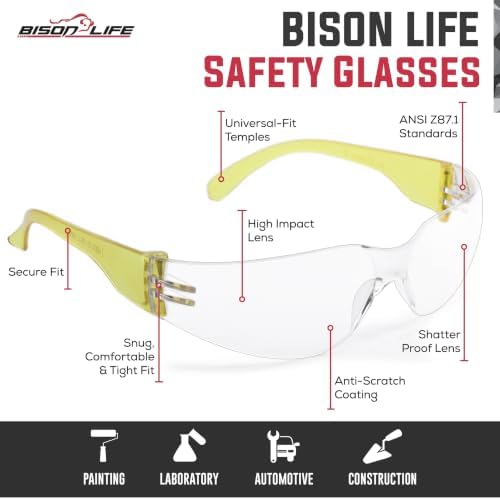 BISON LIFE Clear/Yellow Safety Glasses for Men & Women, ANSI Z87.1, 6 Pack - Image 3