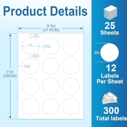 Circle Labels, 2" Diameter High Visibility Round Labels,Round Sticker Labels for Laser&Inkjet Printers,25 Sheets,300 Total Adhesive Labels for Price Tags,QR Codes,Business Logos,Pony Packaging HB-C012 - Image 2