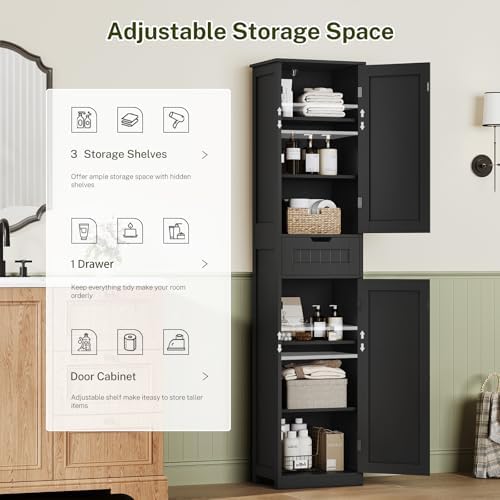 TEENFON 66.9" H Tall Storage Cabinet with 2 Doors and 1 Drawer, Narrow Black Cabinet with Adjustable Shelves, for Bathroom, Living Room, Entryway, Kitchen, Black - Image 6