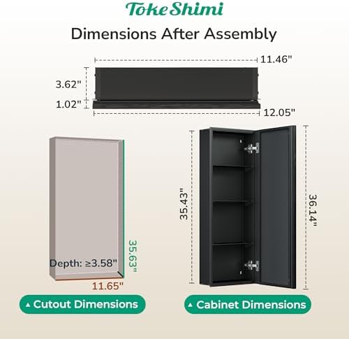 TokeShimi 12 x 36 Black Recessed Medicine Cabinet with Mirror, Assembly Required, Bathroom Medicine Cabinet with Mirror, Stepless Adjustable Shelves, Beveled Aluminum Frame, DTC Hinge - Image 2