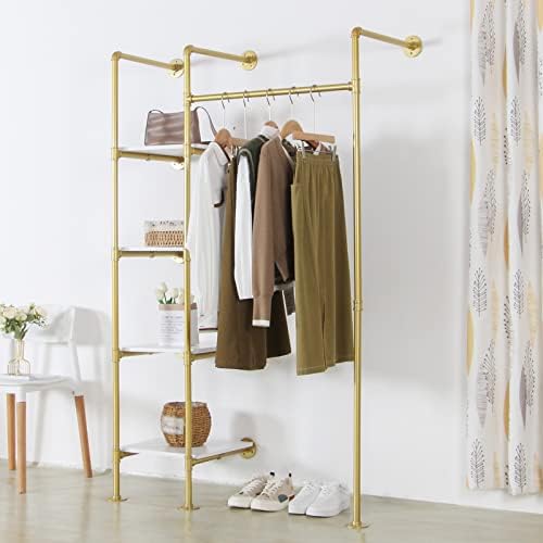 Garment Rack Heavy Duty Clothes Rack for Hanging Clothes, Metal Freestanding Closet Wardrobe Shelf, Gold Industrial Pipe Clothing Racks with Shelves Closet Rods System - Image 3