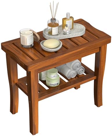 Teak Wood Shower Bench Stool with Storage Shelf, Wooden Waterproof Bathroom Spa Bathing Teak Shower Stool with Non-Slip Feet Gadget 2024 for Indoor or Outdoor Shower Chair Seat Organizer by Greenual