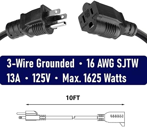 2 Pack 10FT Black Heavy Duty 3 Prong 16AWG SJTW ETL Cord Indoor Outdoor - Image 2