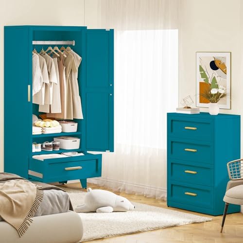 Baborokic Metal Wardrobe Cabinet,71 Armoire Wardrobe Closet with Drawers and Hanging Rod,Metal Armoire with Adjustable Shelves for Closet,Bedroom,Farmhouse Storage Cabinet with Drawer(Blue) - Image 6