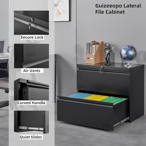 Guizeeopo 2 Drawer File Cabinet, Lateral File Cabinet with Lock, Printer Stand, Heavy Duty Office Storage Cabinet, Filing Cabinets for Home Office, A4/Letter/Legal Size, Assembly Required(Black) - Image 4