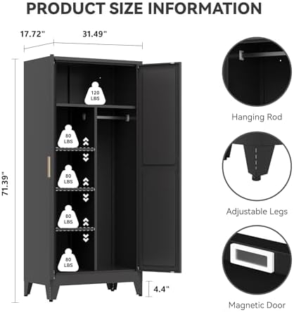 Baborokic Metal Wardrobe Cabinet with Hanging Rod,Large 71" Armoire Wardrobe Closet with Adjustable Shelves and Doors,Farmhouse Metal Office Cabinets for Bedroom,Office,Employee(Black) - Image 2