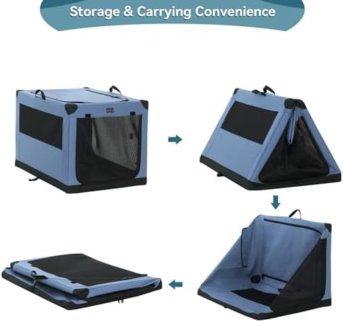 PETSFIT 30" Soft Portable Dog Crate – Patented Spiral Sturdy Frame, Collapsible Travel Kennel for Medium Dogs, 3 Mesh Door, Lockable Zippers, Indoor & Car Use Blue - Image 6