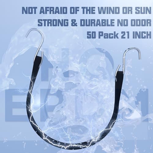 KJE 50Pack 21" Rubber Bungee Cords with S Hooks - Quality EPDM, Heavy Duty Black Bungee Straps, Ideal for Outdoor Tie Downs, Securing Tarps, Canvases, Cargo in Cold Hot Climates - Image 2