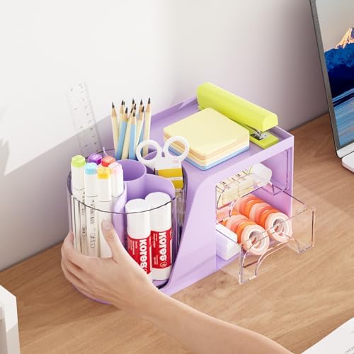Marbrasse Desk Organizer with 2 Drawer, 360°Rotating Pen Holder, Desk Organizers and Accessories with 6 Slots Pencil Holder + 2 Drawer, Art Supply Storage Box Caddy for Office (Purple) - Image 6
