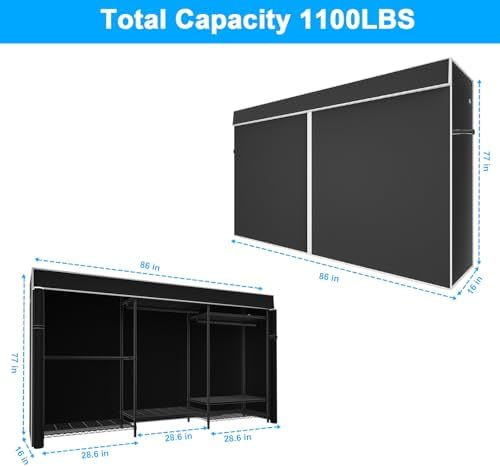 Ulif E13C Max Heavy Duty Closet Organizer System，Freestanding Clothing Racks for Hanging Clothes，Adjustable Garment Rack 86" W x16 D x77 H Hold 1100 lbs，Black Rack with Black Dustproof Cover - Image 2