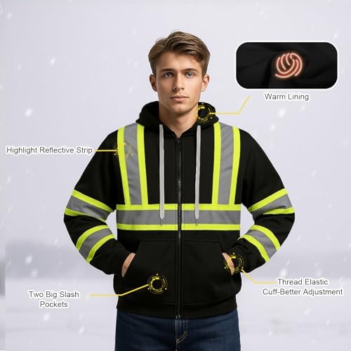 TCCFCCT Hi Vis Work Hoodies for Men Women Class 3 Safety Jacket Reflective, High Visibility Hoodie for Men Construction, Surveyors, Durable & Dirt-resistant, WLD-Black with Green Strip 2XL - Image 3