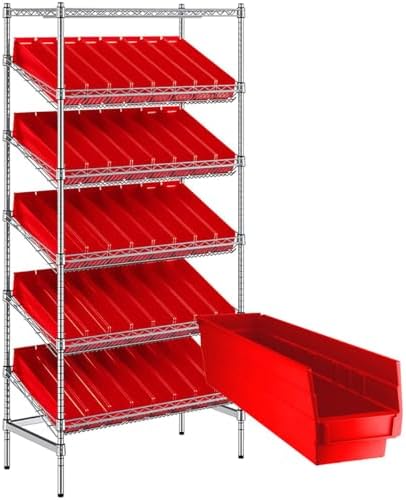 18" x 36" x 74" Heavy-Duty Commercial Chrome Shelving Unit with 40 Red Storage Bins - Metal Wire Utility Shelf for Tool, Office, Garage, and Warehouse Organization - Durable Storage Cabinet by Zedfire