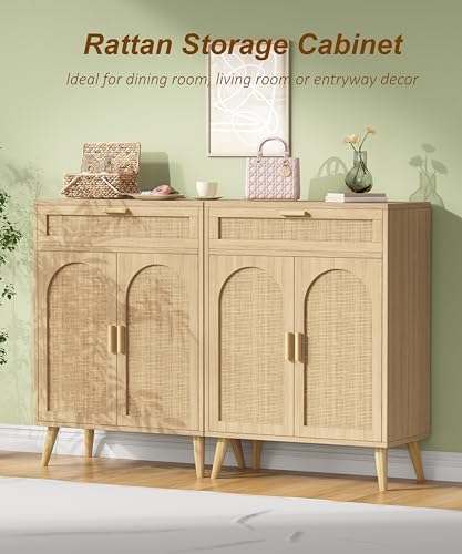 Keehusux Rattan Sideboard Buffet Cabinet Set of 2, Natural Oak - Image 4