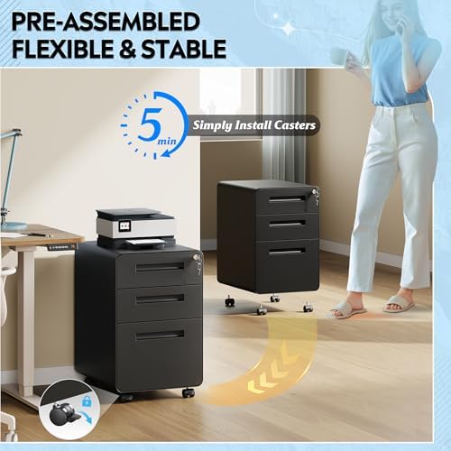 DEVAISE 3 Drawer File Cabinet with Lock, Fully Assembled Except Casters - Image 5