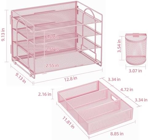 Marbrasse Desk Organizer, 4-Tier Paper File Letter Tray, Pink-2P - Image 6
