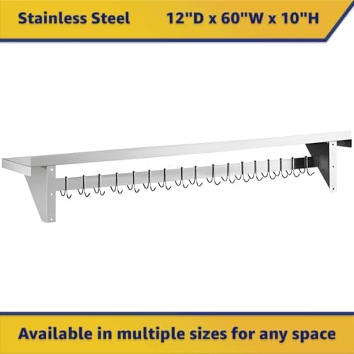 12" x 60" NSF Stainless Steel Wall Shelf, Heavy Duty Pot Pan Rack with Hooks, Commercial Kitchen - Image 2