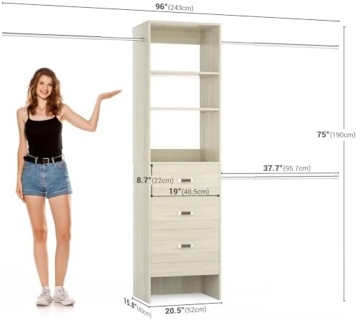 Besiost 96'' Closet Organizer System with 3 Hanging Rods, 8FT Closet Organizers and Storage with 3 Wooden Drawers, Built in Closet Organizer Systems, Adjustable Walk-in Wardrobe from 2-8FT, White Oak - Image 7