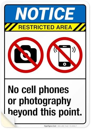 No Cell Phones Or Photography Beyond This Point Sign, ANSI Notice Sign, by SigoSigns