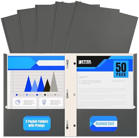 Better Office Products Gray Paper 2 Pocket Folders with Prongs, Matte Texture, Letter Size Paper Folders, 50 Pack, with 3 Metal Prong Fastener Clips, Gray by BetterOfficeProducts